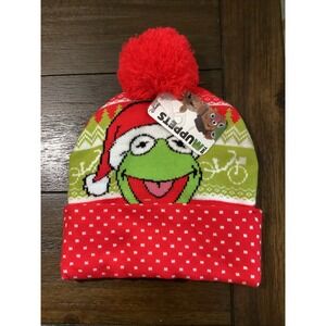 NWT Kermit the Frog Pom Beanie Knit Hat Christmas Muppets One Size